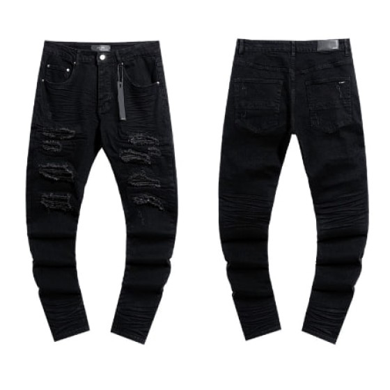 Black Denim Jeans with Multi-Layer Distressing